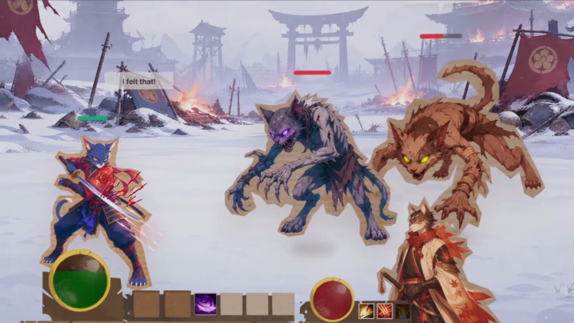 Combat encounter with party members, enemies, health bars, and abilities.