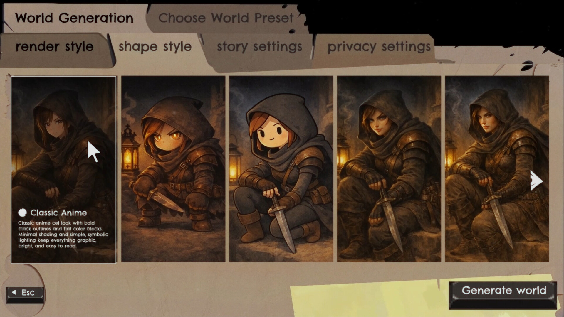 World generation interface showing render style choices.