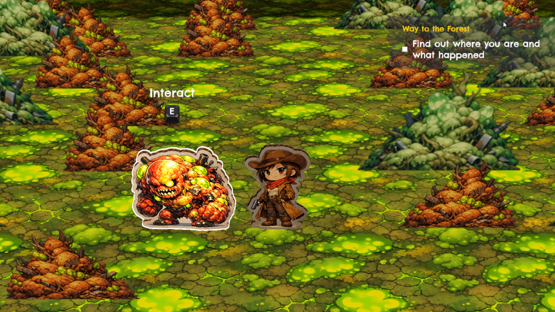 Exploration scene with an interaction prompt and quest objective.